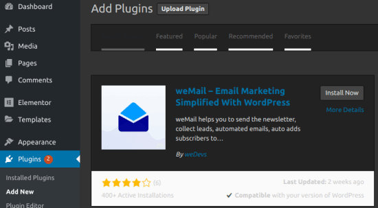 weMail install from WordPress org