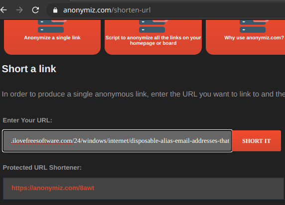 Anonymiz url shortener in action