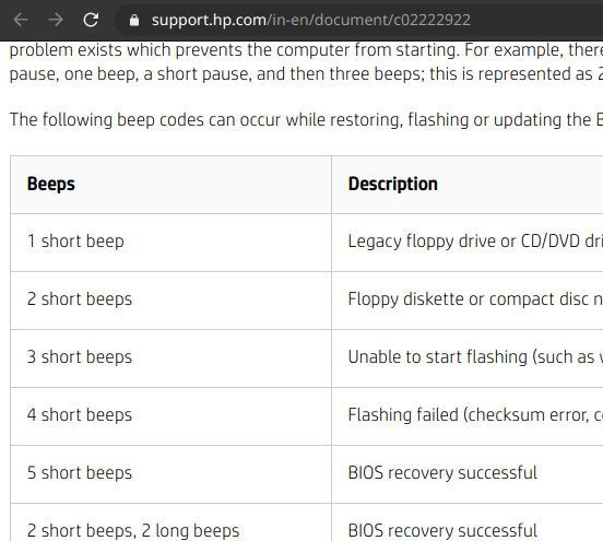 Beep codes on HP website