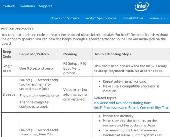 Beep codes on Intel website