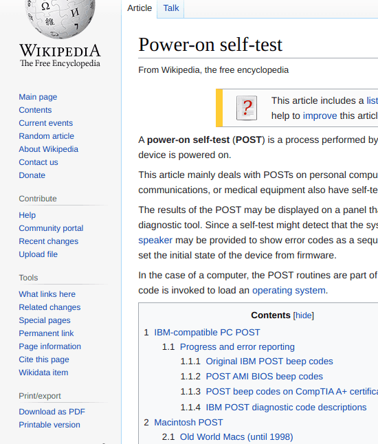 Beep codes on Wikipedia