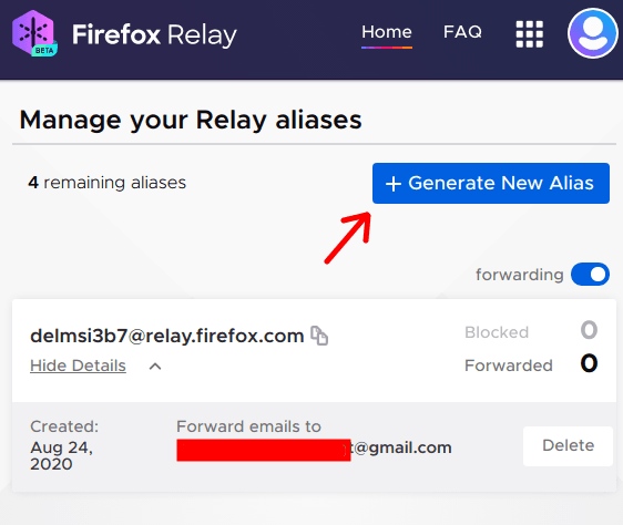 Firefox Relay Alias Generated