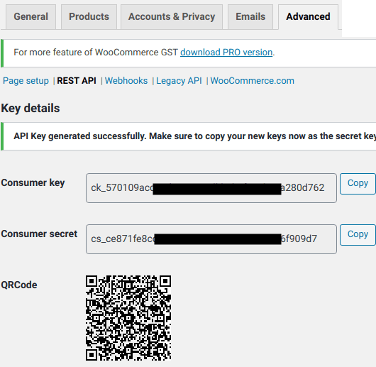 WooCommerce API Keys generated