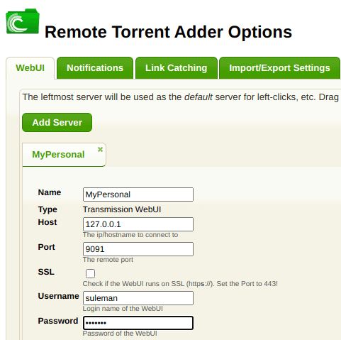 remote torrent server credentials