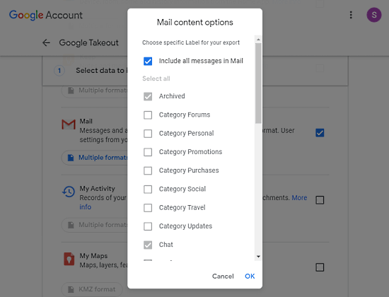 select gmail data that you want to download