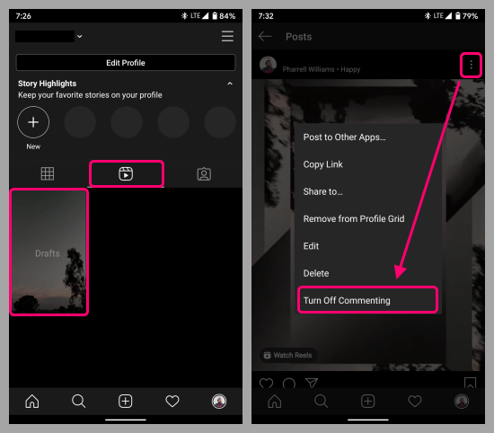 turn off comments on Instagram Reels