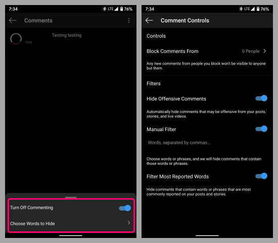 hide offensive comments on Instagram Reels