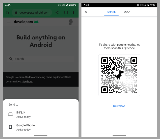 dino qr code share chrome android