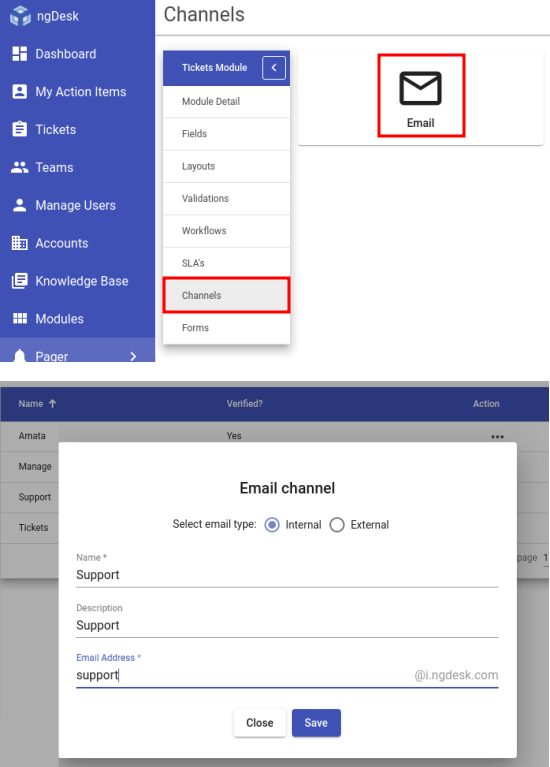 ngDesk create channels