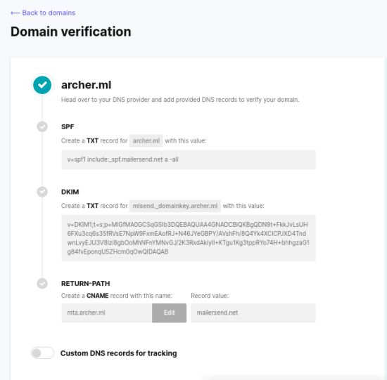 MailerSend domain settings