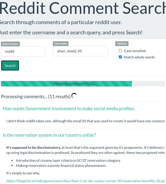 Reddit Comments Search in action