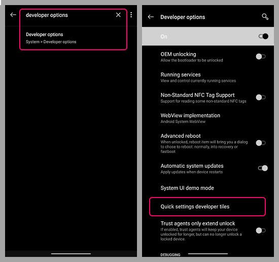 tile settings developer options