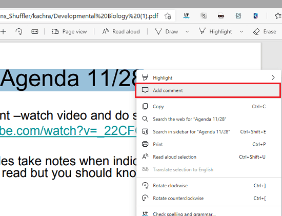 Add comments to PDF right click menu