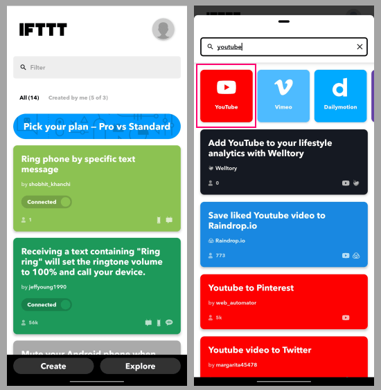 open ifttt and search for youtube