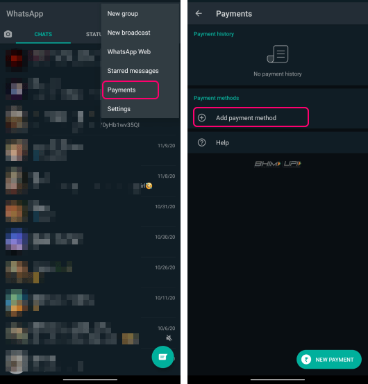 go to payment option in WhatsApp