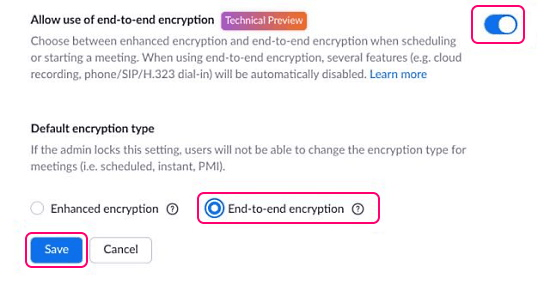 enable end-to-end encryption on zoom calls