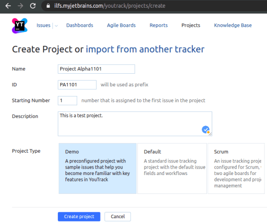 YouTrack Create peoject