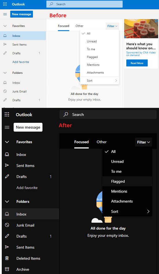 Add Dark Mode to Outlook.com, Remove Ad Sidebar with this Extension