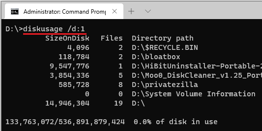 DiskUsage list one level