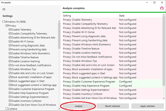 Privatezilla analzye settings