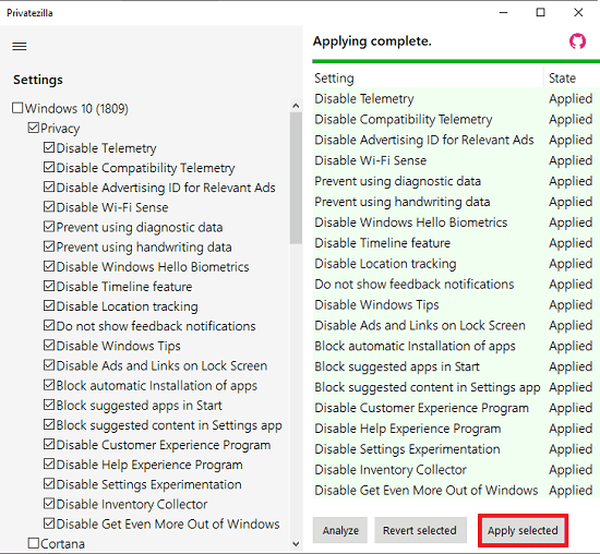 Privatezilla settings applied