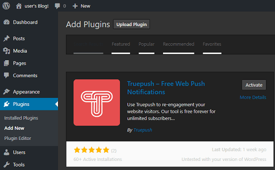 Truepush in WordPress Plugins Directory