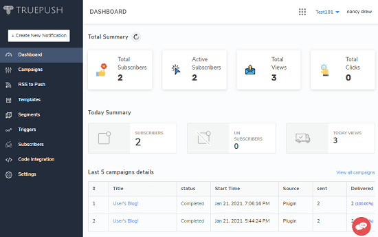 Truepush push notifications stats