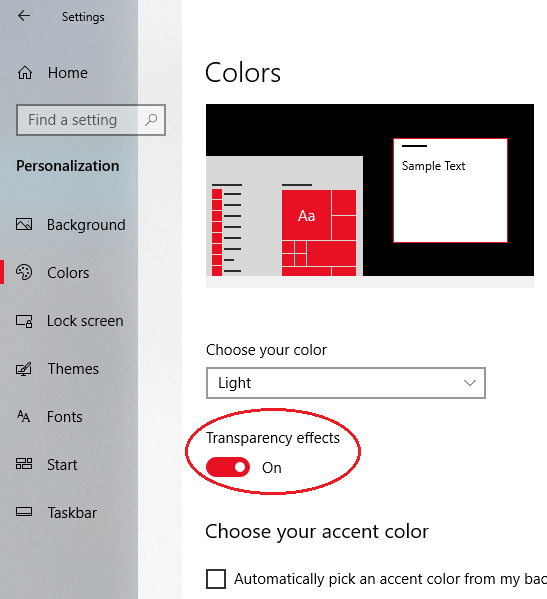 Windows 10 Personalize - Colors - Transparency Effects