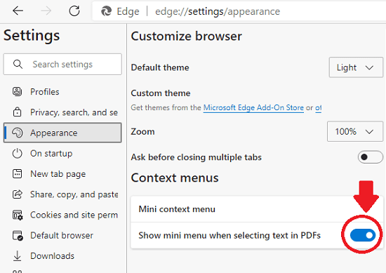 Disable PDF Mini Context Menu in Microsoft Edge