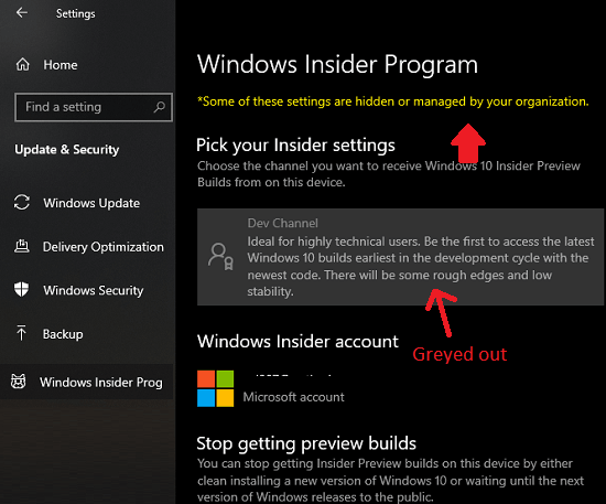 Disable Windows Insider Program in Windows 10