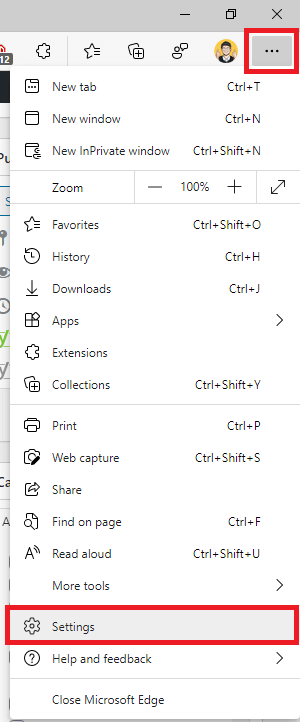 Edge 3 dot icon for options