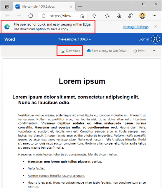 Microsft Edge Office Viewer Preview Word File Without Downloading