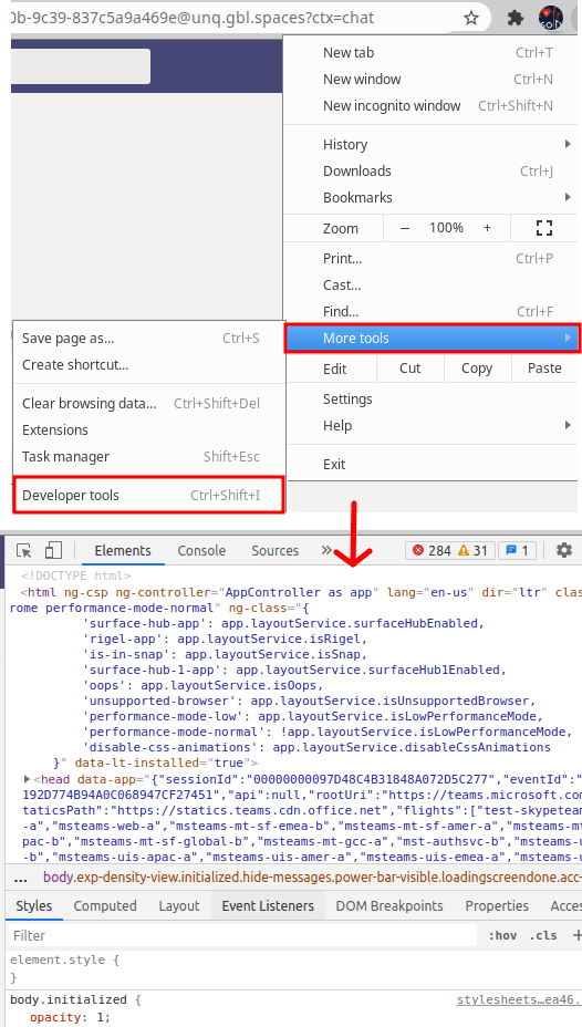 Open DevTools in Chrome to Clear Search History in Teams