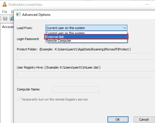 OutlookAccountsView select disk