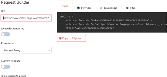 ScraperBox Request Builder dashboard