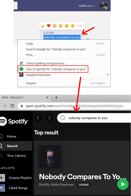 Spotify Extension right click to search selected text in spotify library