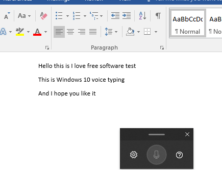 Win + H to activate voice typing windows 10 ms word