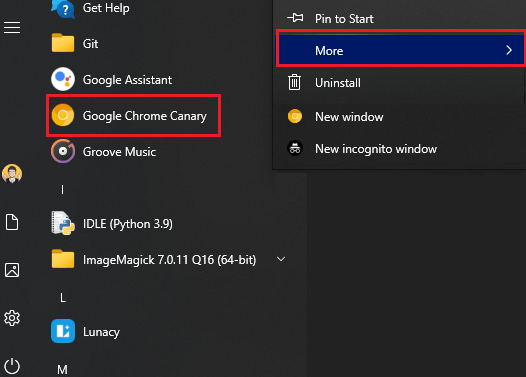 Open Chrome Canary Shortcut from Start