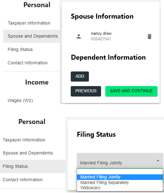 US Taxes Spouse Information and Filing Status