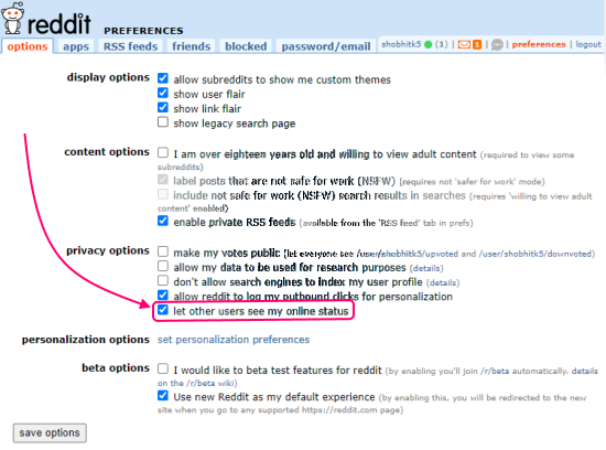 reddit privacy settings to hide online status