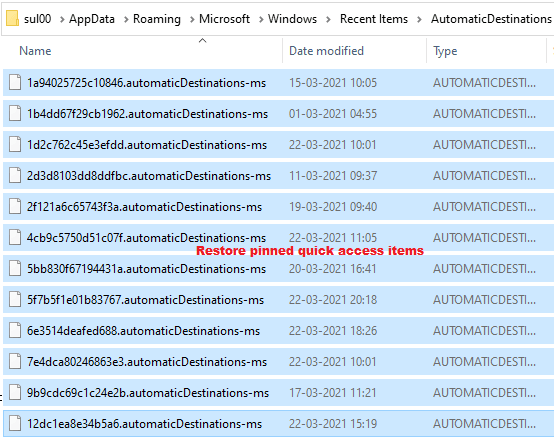 restore quick access pinned folders windows 10