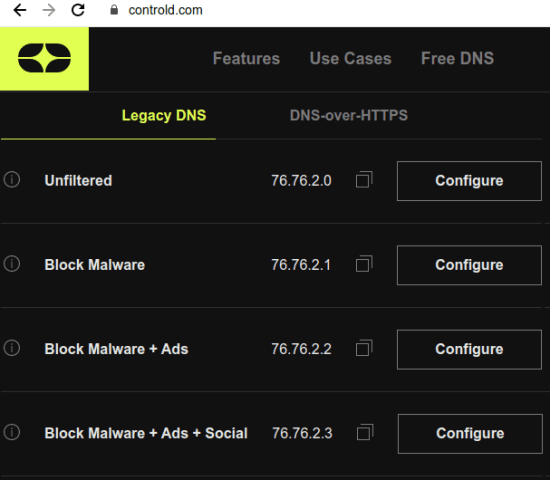 ControlD DNS Configuration Addresses