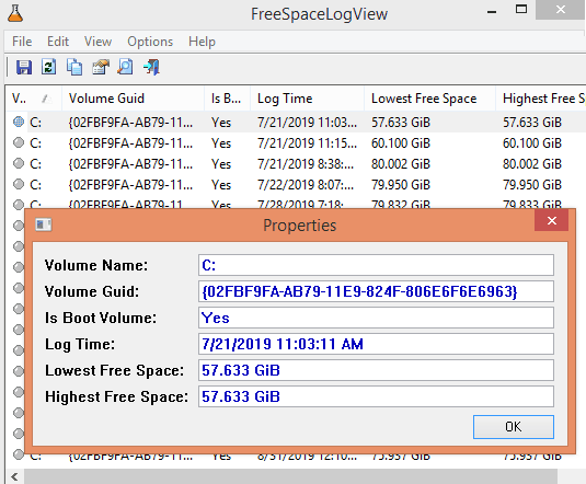 Nirsoft FreeSpaceLogView in action