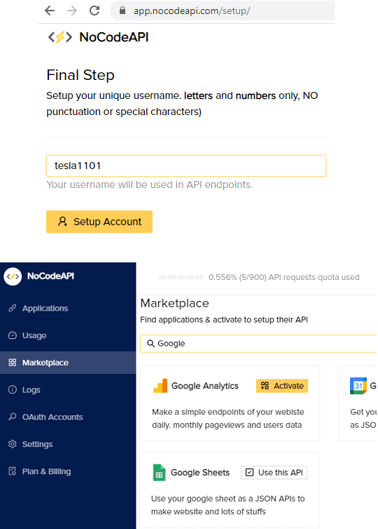 NoCodeAPI Sign up and Marketplace