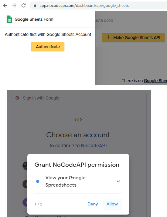 NoCodeAPI authenticate via Google
