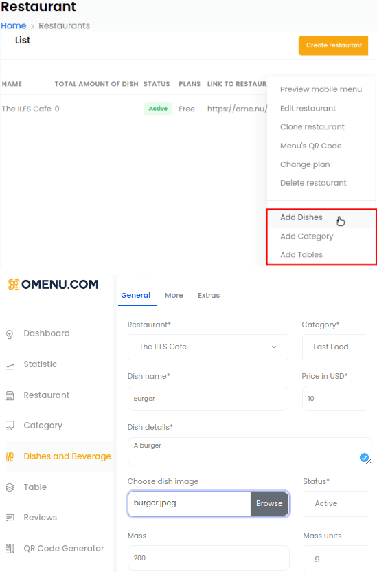 Omenu Create dishes