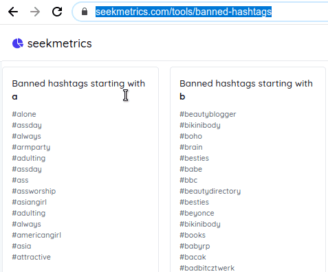 Seekmetrics Banned Instagram hashtags