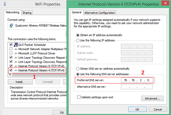 Set DNS address in Windows Network Sharing Center