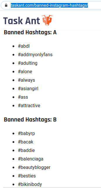Task Ant Banned Instagram hashtags