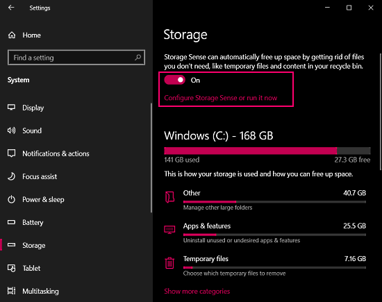 enable storage sense on windows 10